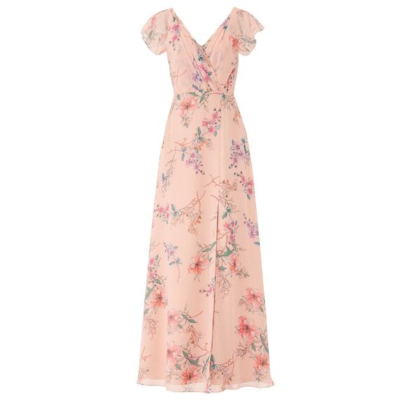MONIQUE LHUILLIER Pink Floral Crepe Short Sleeve Floral Gwen Gown Size 6 - Picture 4 of 14